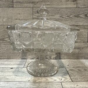 WESTMORELAND Old Quilt Clear Pattern Footed Candy Dish & Lid 6x5" *Chip/Crack*